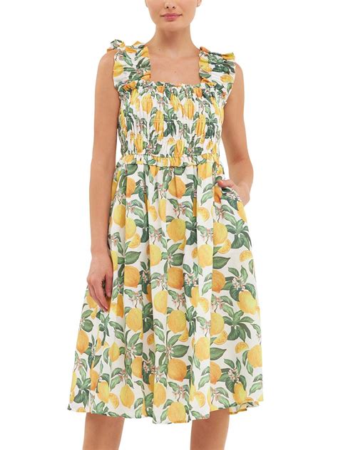 English Factory Lemon Print Smocked Midi Dress In Yellow Lyst