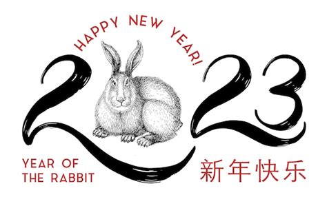 Lettrage De Joyeux Nouvel An Chinois Avec Lapin Dessiné Vecteur Premium