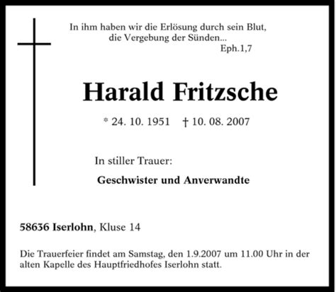 Traueranzeigen Von Harald Fritzsche Trauer In NRW De