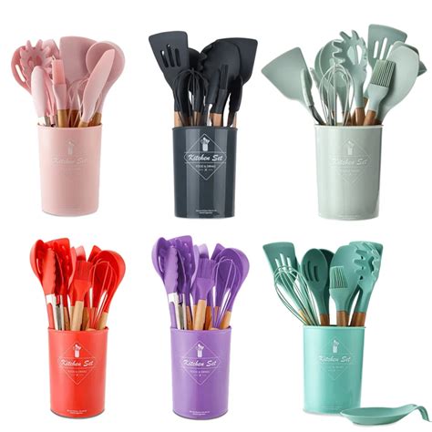 Conjunto de utensílios de cozinha punho de madeira kit de 9 peças