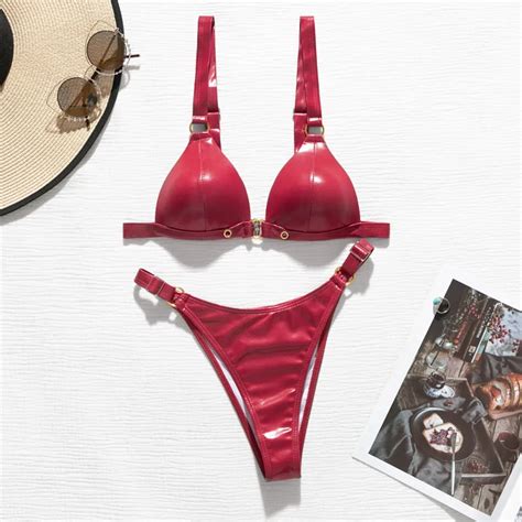 Pu Leather Bikini Set Red Triangle Swimwear Women 2021 Fashion Summer Bathers High Cut Woman