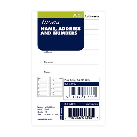 Filofax Refill Name Address And Telephone Number Mini White