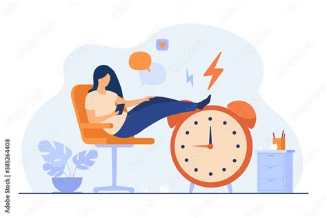 Lazy Woman Sitting In Office And Procrastinating Flat Vector