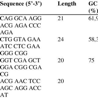 Primer sequence, length, GC content, temperature melting (TM), and size ...