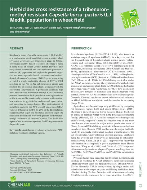 PDF Herbicides Cross Resistance Of A Tribenuron Methyl Resistant