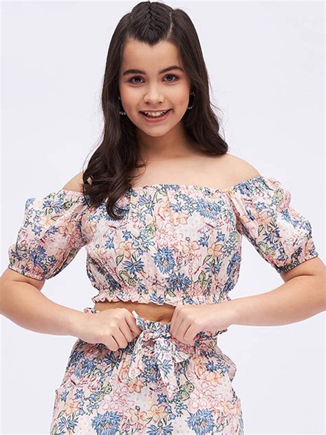 Buy Luyk Girls Floral Print Off Shoulder Puff Sleeve Bardot Crop Top