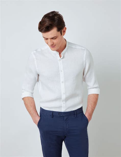 Linen Collarless Relaxed Slim Fit Shirt In White Hawes Curtis