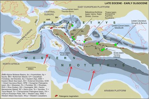 Palaeogeographic map of the late Eocene-early Oligocene, modified from ...