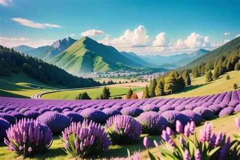 Premium Ai Image A Field Of Lavender In The Mountains With A Mountain