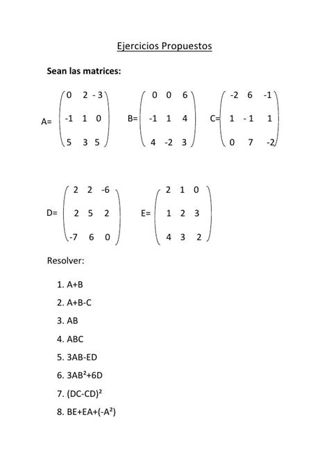 Ejercicios Propuestos Operaciones Con Matrices