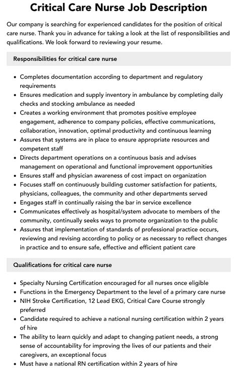 Critical Care Nurse Job Description Velvet Jobs