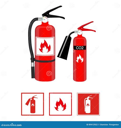 Set Of Realistic Red Extinguishers Isolated On White Background Different Types Of Handle