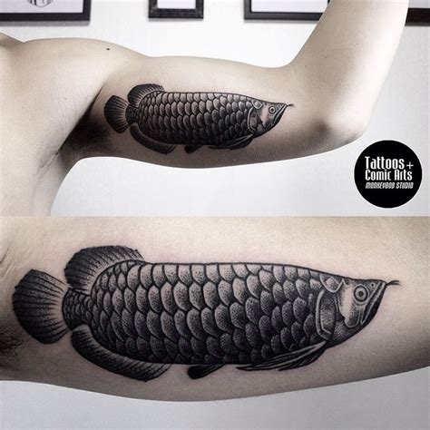 Two Pictures Of A Man S Arm With A Fish Tattoo On It