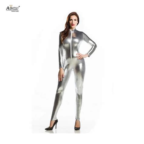 Ainclu Spandex Glue Bodysuit Shiny Catsuit Sexy Silver Zentai For