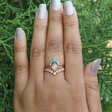 Australian Opal Engagement Ring With Diamond Curve Turquoise Crown