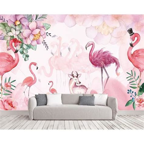 Papier Peint Panoramique Cerf Flamant Rose Pour Chambre D Enfant