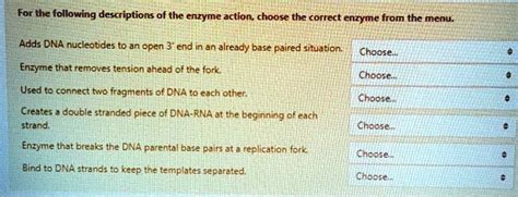 Solved For The Following Descriptions Of The Enzyme Action Choose The Correct Enzyme From The