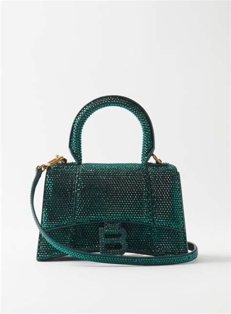 Balenciaga Hourglass Xs Crystal Embellished Cross Body Bag Green