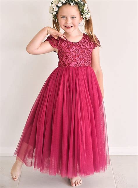 A Line Scoop Neck Short Sleeves Lace Tulle Flower Girl Dresses With