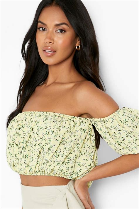 Womens Yellow Floral Print Off Shoulder Crop Top Boohoo Uk