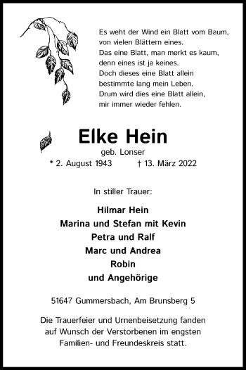 Traueranzeigen Von Elke Hein Wirtrauern