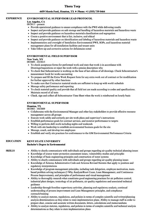 Environmental Supervisor Resume Samples Velvet Jobs