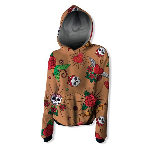 Skulls Tatoo And Roses Hoodie Colorful Hoodies Knit Bottom Hoodies