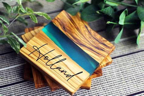 Italian Olive Wood Coasters Set Of 4 Turquoise Resin River Epoxy Coaster Set Personalized