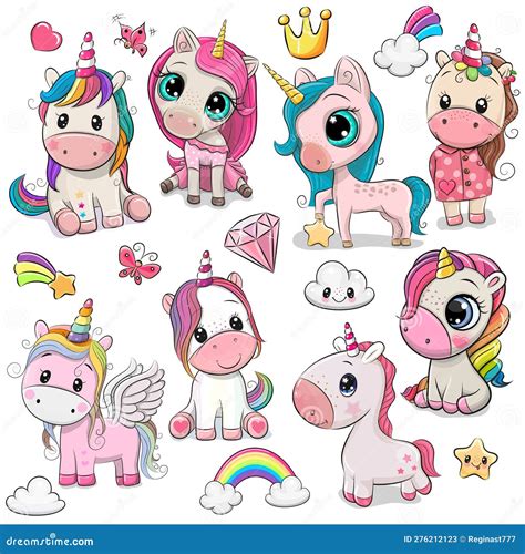 Bonitos Unicornios De Dibujos Animados Aislados En Un Fondo Blanco