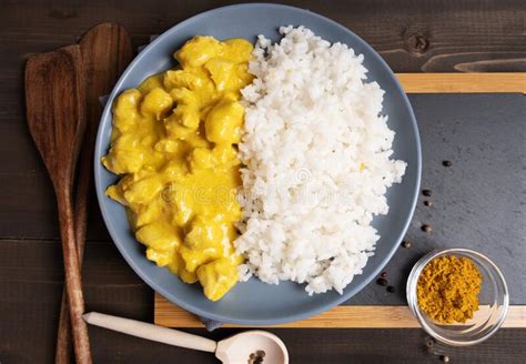 Boiled Rice With Chicken In Curry Sauce With Spices Top View Stock