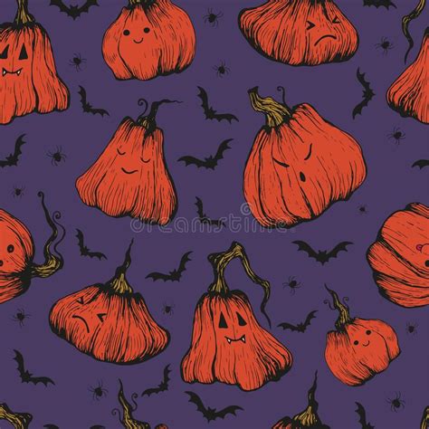 Pumpkins And Bats Spiders Happy Halloween Seamless Pattern In Vintage