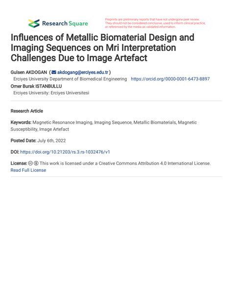 Pdf Influences Of Metallic Biomaterial Design And Imaging Sequences