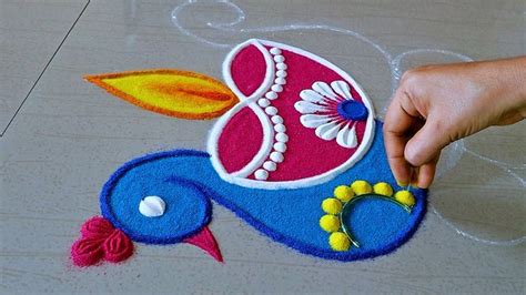 Special Peacock Rangoli Design For Diwali | Deepavali Rangoli Designs | Easy Deepavali Kolam ...