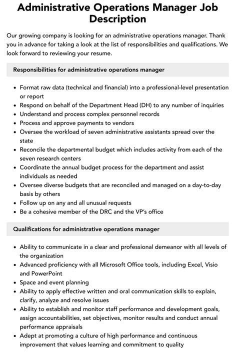 Administrative Operations Manager Job Description Velvet Jobs