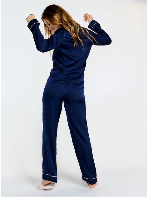 Boux Avenue Plain Piping Long Pyjama Set Navy Uk