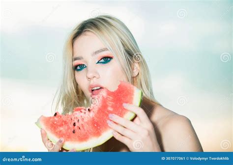 Young Girl Eating Watermelon Summer Tropical Fruits Beauty Woman Face