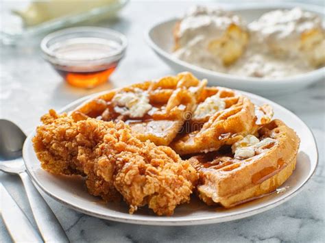 Fried Chicken And Waffles Breakfast With Syrup Stock Photo Image Of