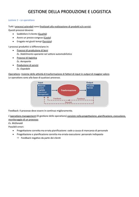 Gestione Della Produzione E Logistica Appunti Gestione Della