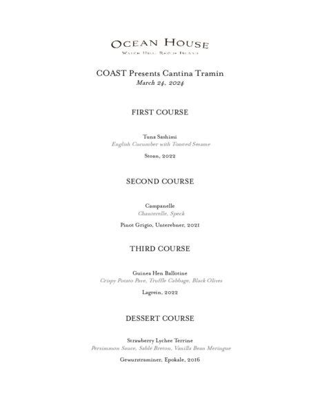 Coast Wine Dinner Cantina Tramin March Ocean House Events