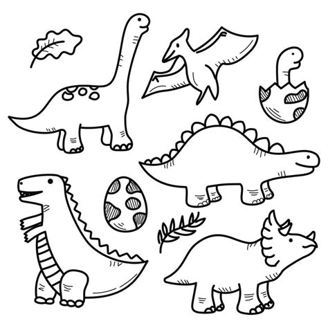 Set Of Cute Dinosaur Vector Illustrations With A Black And White Design Dinosaurs Doodle