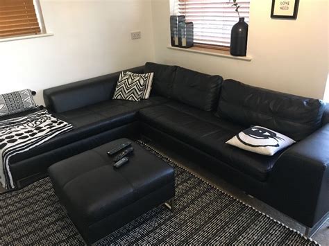 Dfs Black Leather Corner Sofa With Footrest In Twyford Berkshire