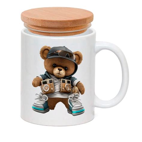 Caneca Porcelana Tampa Bambu Urso Teddy Caixas De Som M Vel De