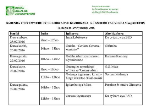 Bureau Social de Développement (BSD): Gahunda y'icyumweru cyahariwe ...