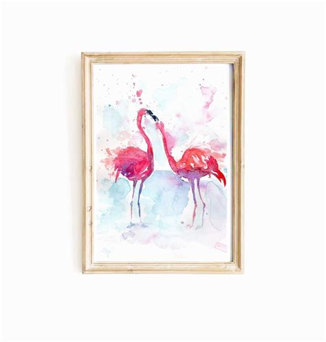 Rosa Flamingo Aquarell Druck Bunte Tropische Wand Kunst Zwei Flamingos