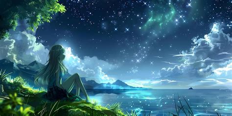 Premium Photo | Calm anime girl in serene settings of nature stars ocean and mountains Concept ...