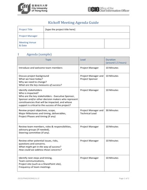 Free Kickoff Meeting Agenda Guide Project Kick Off Meeting Agenda