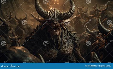 Many Scary Horned Demons Meet Sinners In Hell Portrait Of Devils In