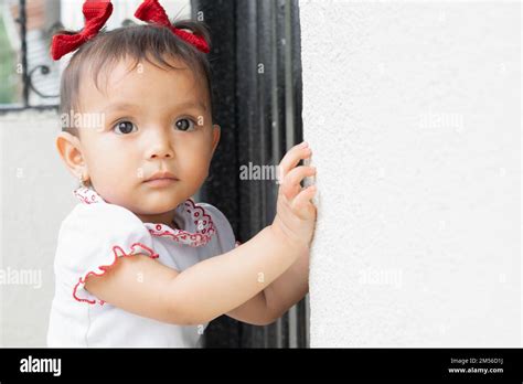 Beautiful Baby Brunette Latina Standing Next To The Wall Looking Curiously While Holding Her