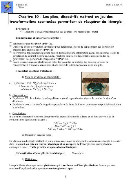 Exercices de révision Oxydo réduction et Piles électrochimiques