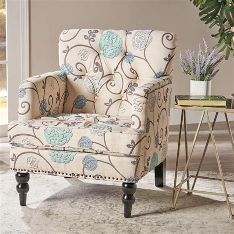 Noble House Malone White Blue Floral Fabric Club Chair With Nailhead